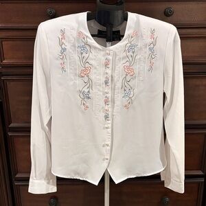 Vintage Laura Scott White Blouse with Floral Embroidery